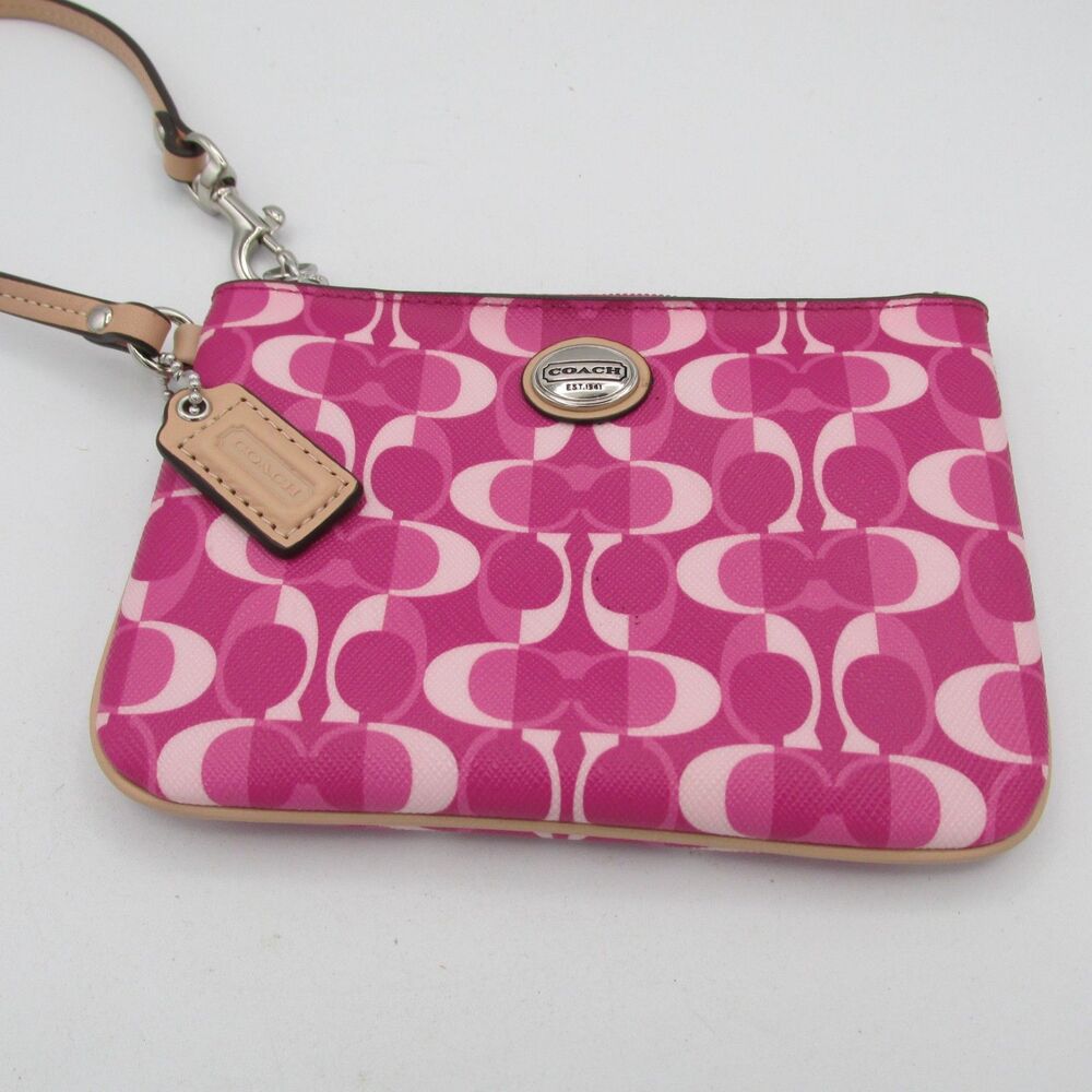 Coach Pink Signature Peyton Small Dream Wristlet Zip Closure Silver Wrist Strap